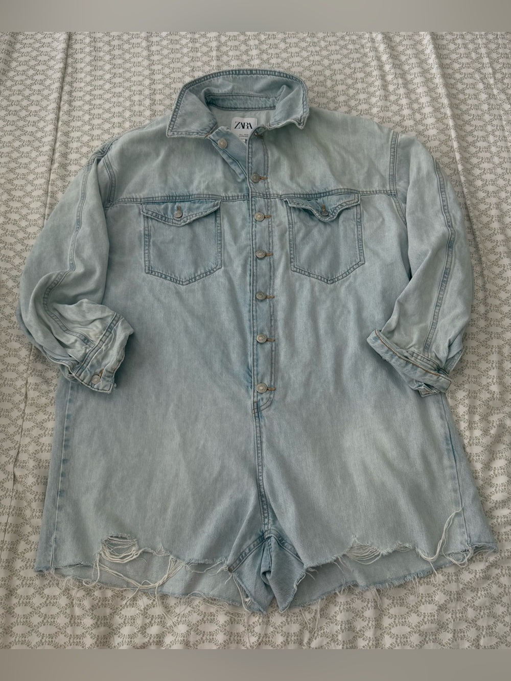 Zara Light Wash Denim Button-Front Casual Romper Shirt size L
